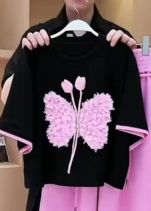 New Black Butterfly T Shirt and Pink Pants Cotton Two-piece Set Summer