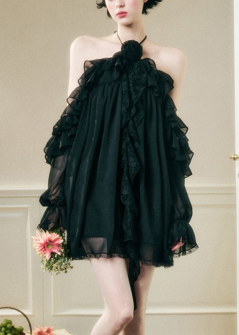 Black Ruffled Chiffon Mini Dresses Butterfly Sleeve