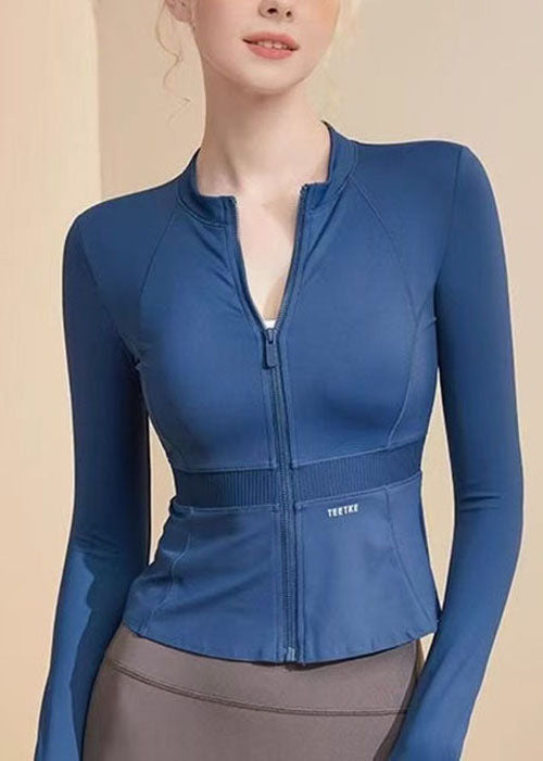 Blue Zipper Elastic Short Yoga Jacket Long Sleeved