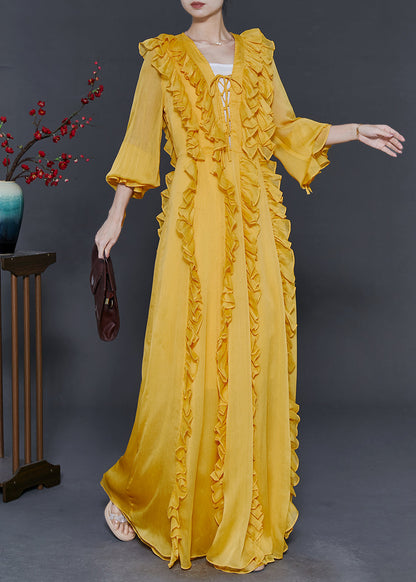 Yellow Ruffled Lace Up Chiffon Full Dresses Fall
