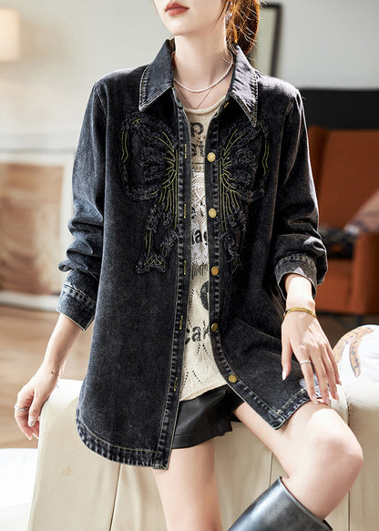 Black Peter Pan Collar Patchwork Button Denim Coats Spring