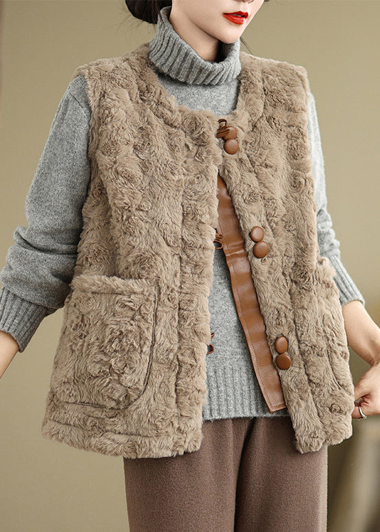 Khaki Button Pockets Teddy Faux Fur Waistcoat Sleeveless