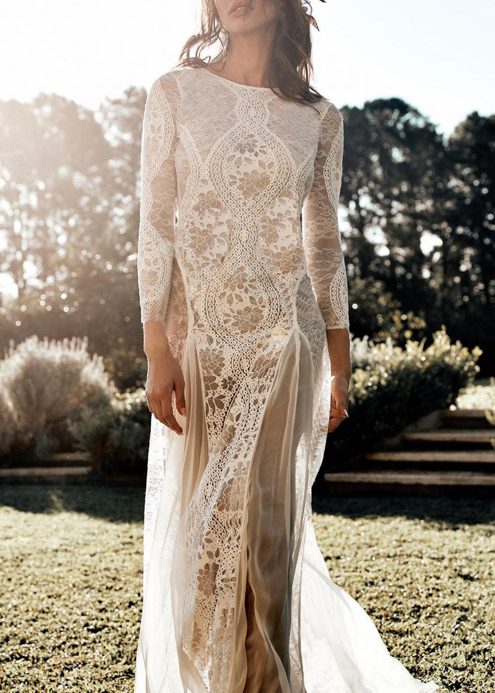 Slim Fit White Backless Tulle Patchwork Lace Dresses Long Sleeve