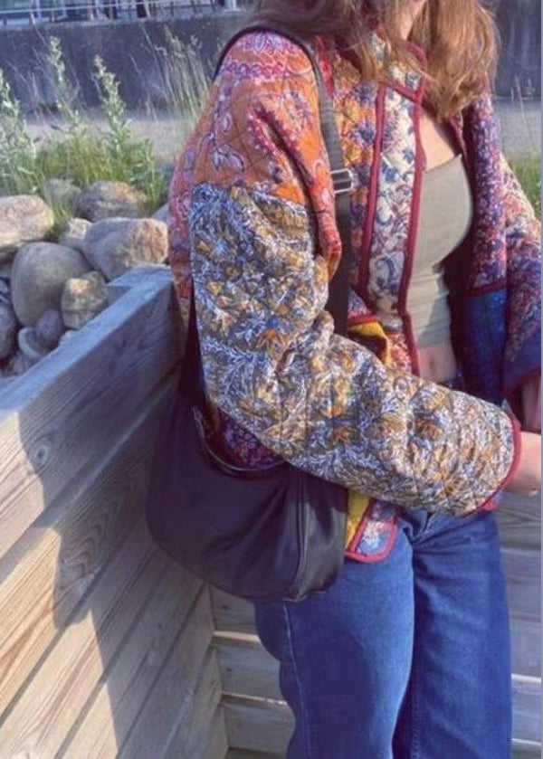 Stand Collar Print Loose Fine Cotton Filled Jacket Spring