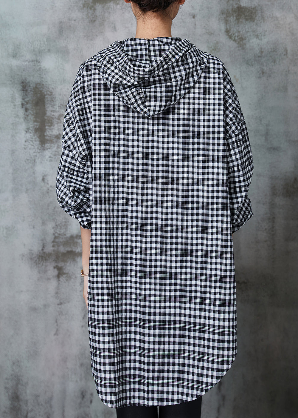Grey Hooded Plaid Linen Long Shirt Summer