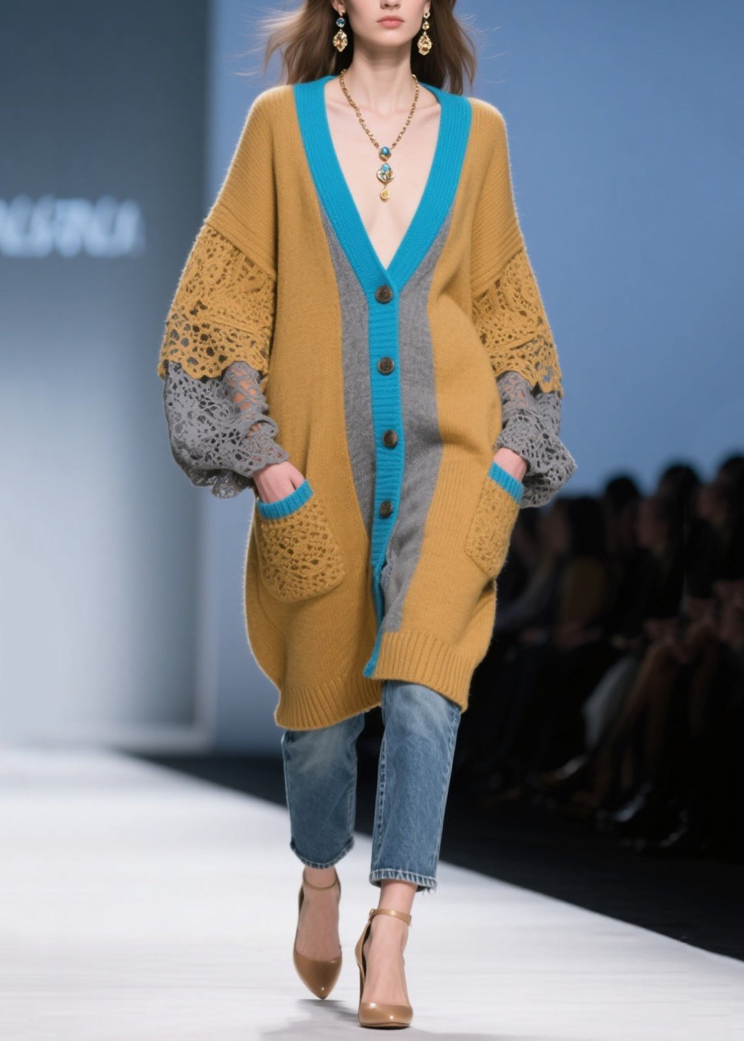 Brown Oversized Patchwork Lace Knit Cardigans Fall
