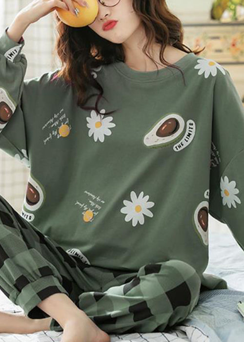 Green Print T Ahirt and Plaid Pants Cotton Pajamas Two Pieces Set Fall