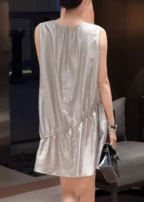 New Grey O Neck Cotton Mid Dress Sleeveless