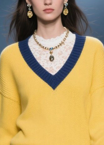 Yellow V Neck Warm Knitted Tops Winter