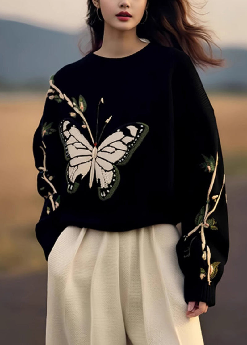 Black O Neck Butterfly Print Knit Sweaters Spring