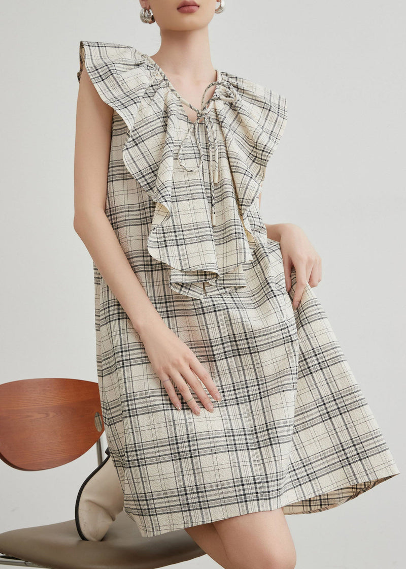 Apricot Ruffled Plaid Cotton Mid Dresses Summer