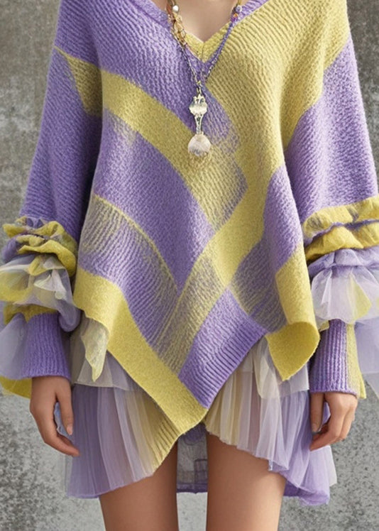 Purple Asymmetrical Patchwork Tulle Knitwear Dress Fall