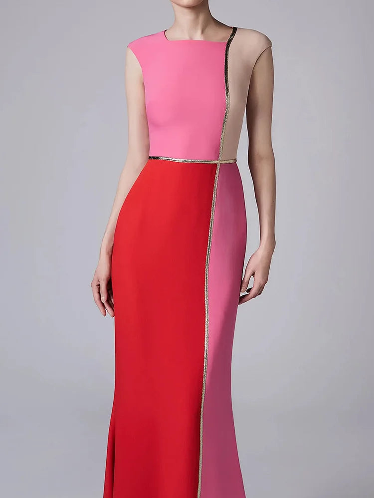 Color Block Sleeveless Bodycon Mermaid Hem Maxi Dress