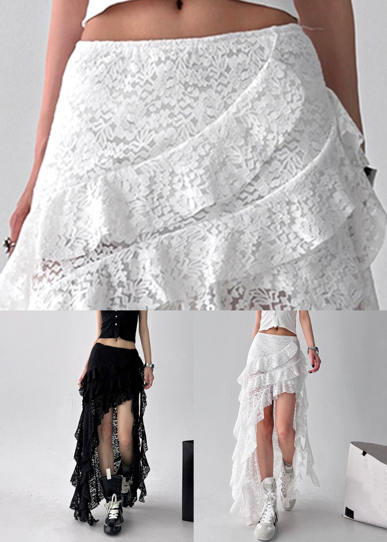 White Ruffled Lace Summer Skirt Asymmetrical