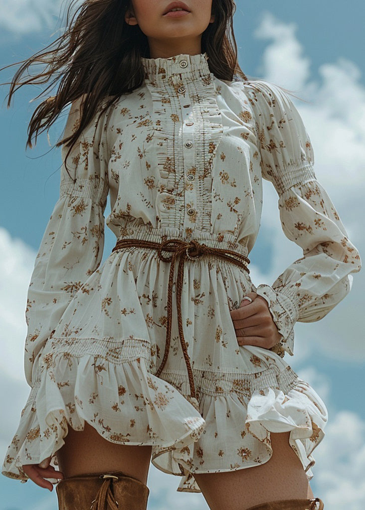 White Ruffled Print Patchwork Cotton Dress Long Sleeve
