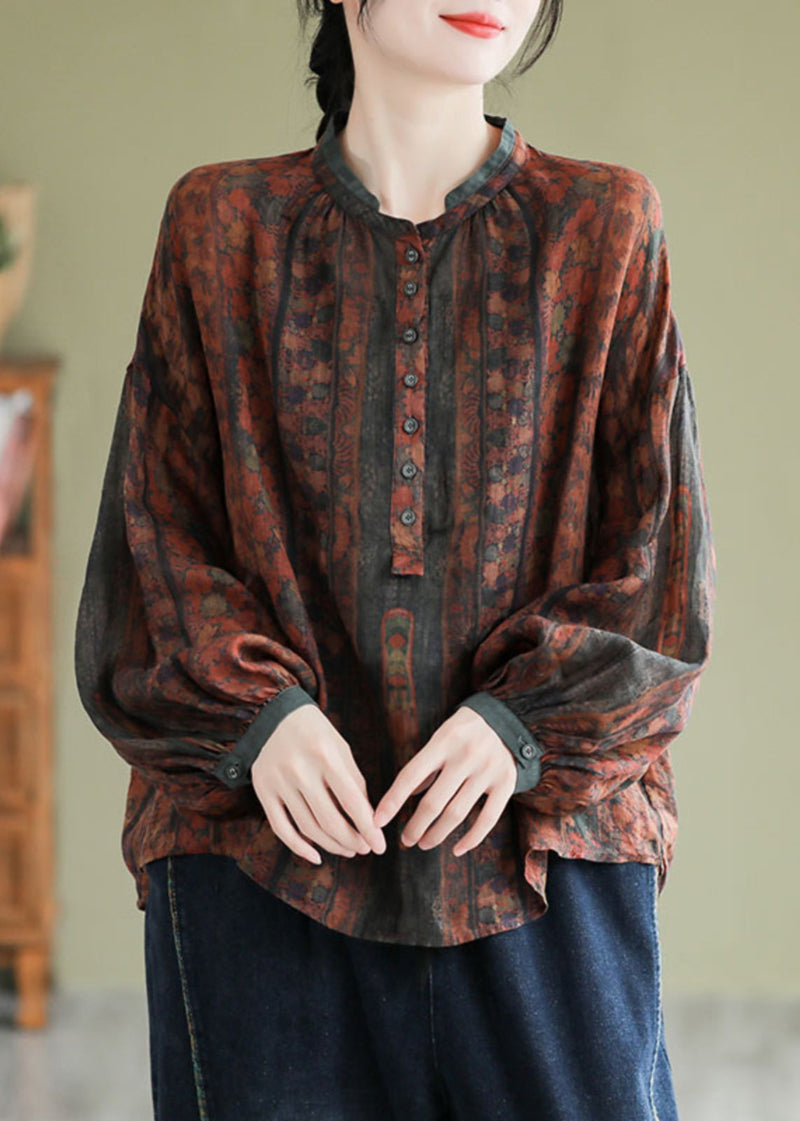 Orange Stand Collar Print Button Linen Shirts Long Sleeve