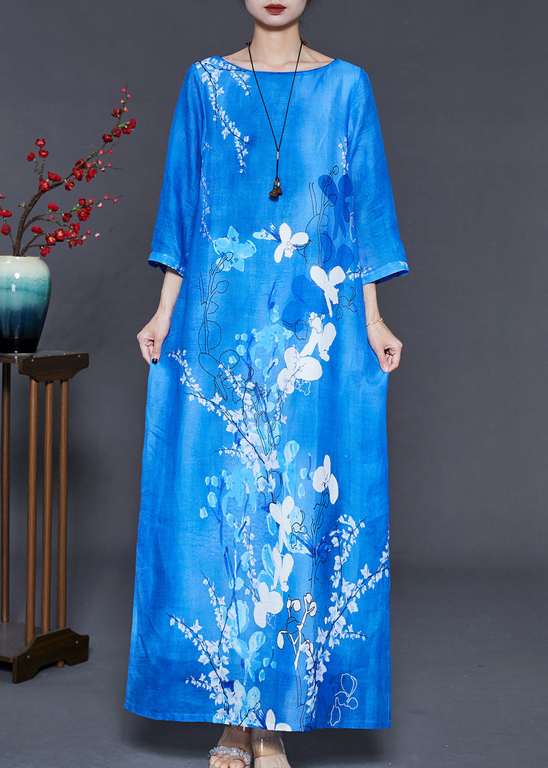 Peacock Blue Print Side Open Linen Dress Bracelet Sleeve