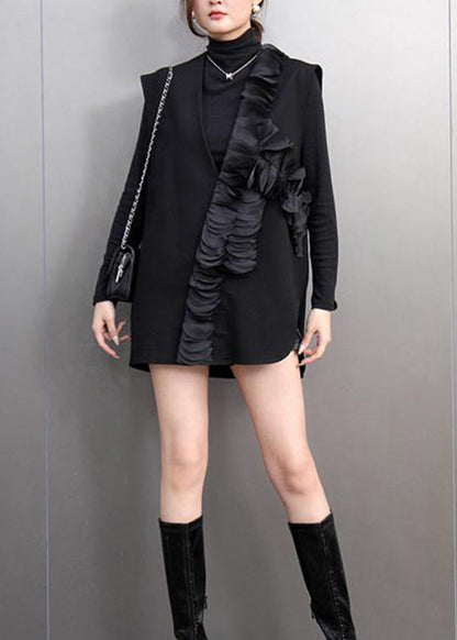 Black V Neck Ruffled Patchwork Waistcoat Spring