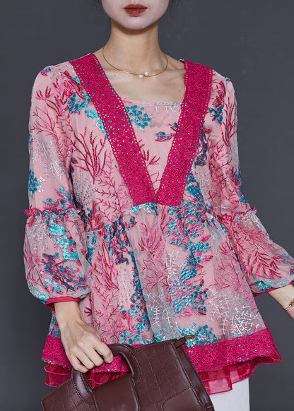 Rose Embroidered Patchwork Tulle Shirt Spring
