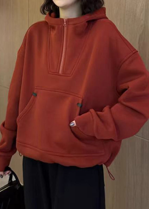 Loose Red Hooded Zippered Pockets Cotton Sweatshirt Spring