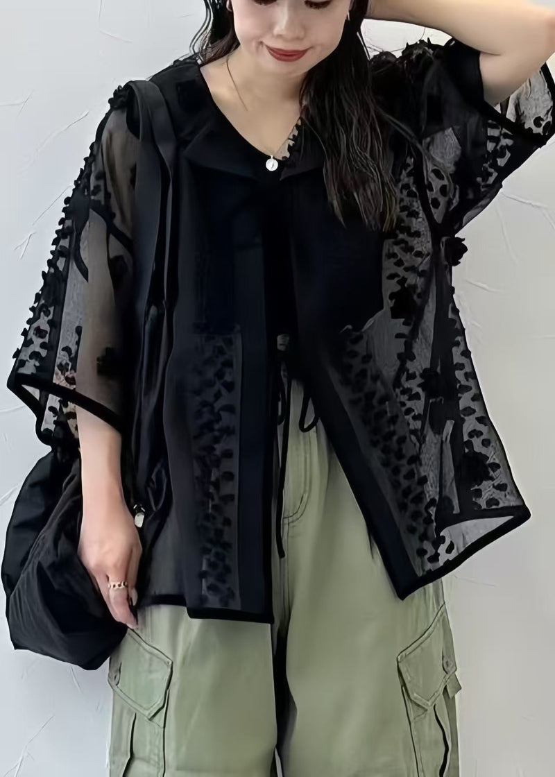 Black Jacquard Tulle Sheer Tops Summer