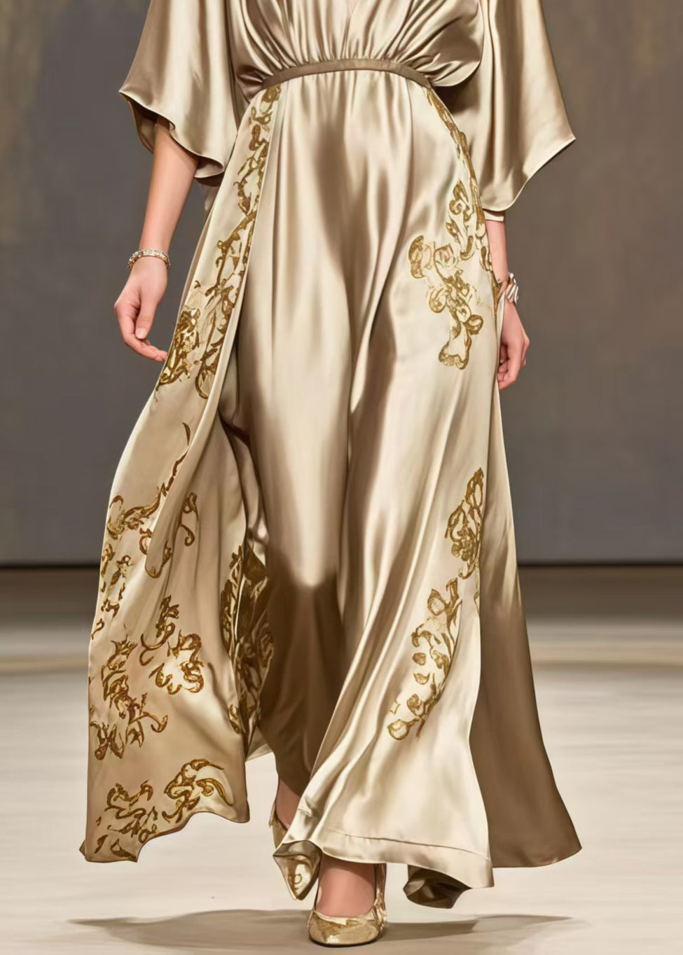 Golden Print Exra Large Hem Silk Maxi Dresses Summer