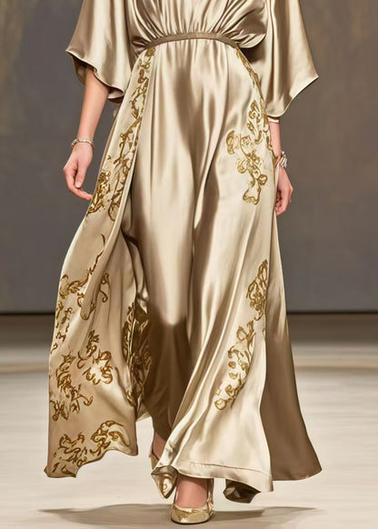 Golden Print Exra Large Hem Silk Maxi Dresses Summer