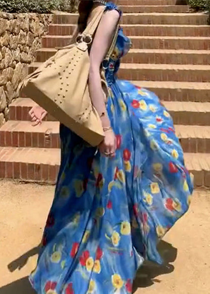 Blue Backless Print Chiffon Ankle Dress Summer