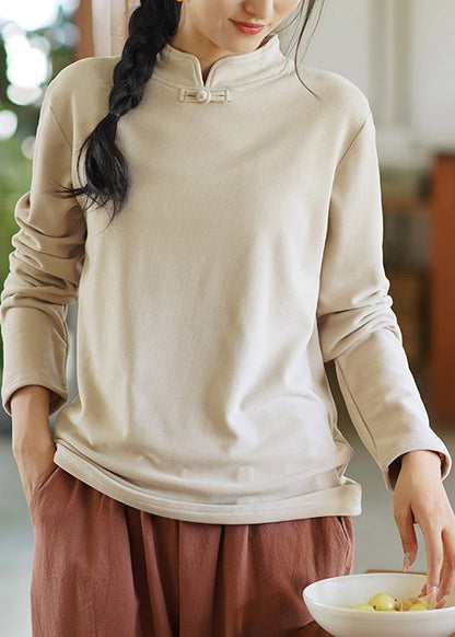 New Versatile Yellow Stand Collar Cotton T Shirt Top Spring