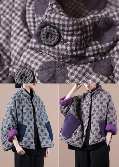 Blue Pockets Patchwork Dot Winter Cotton Coat