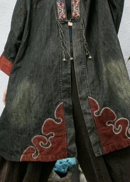 Black Embroidered Button Cotton Coat Bracelet Sleeve