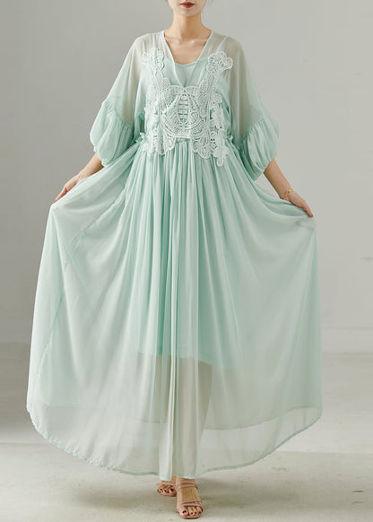 Green V Neck Patchwork Chiffon Long Dress Summer