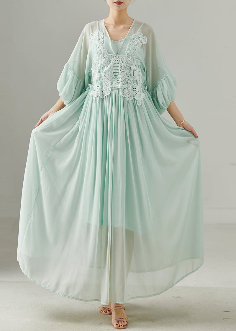 Green V Neck Patchwork Chiffon Long Dress Summer