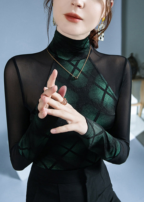 Unique Green Hign Neck Patchwork Tulle Tops Spring