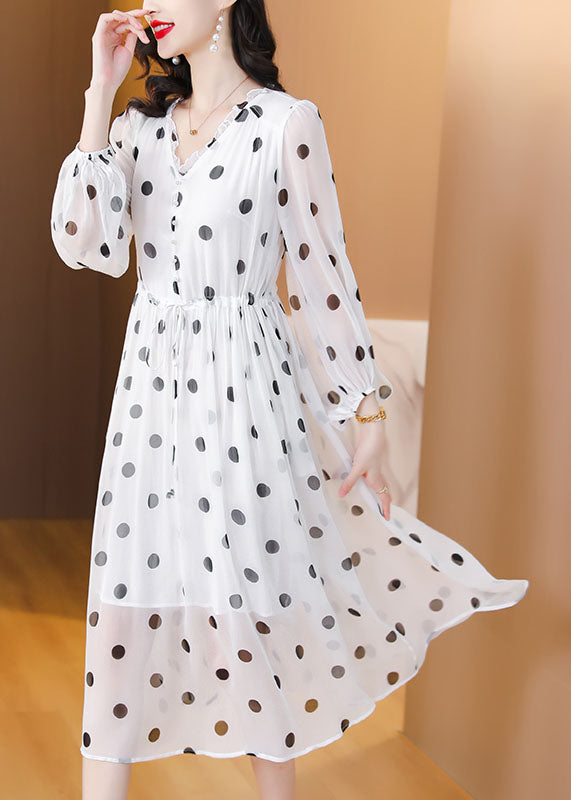 White V Neck Print Drawstring Chiffon Dress Lantern Sleeve