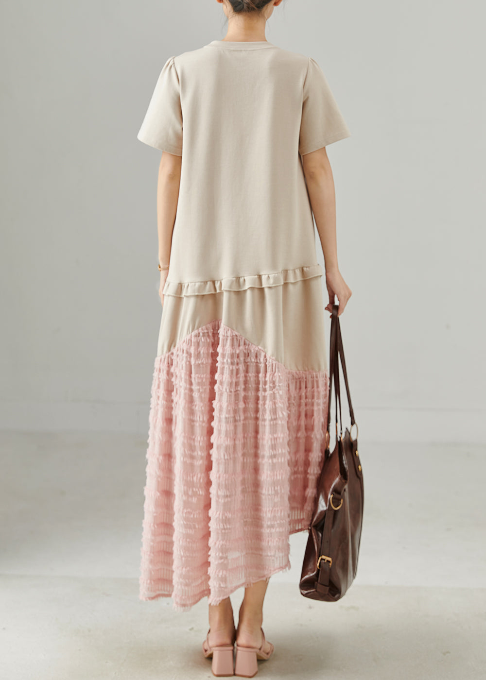 Apricot Ruffled Patchwork Cotton Maxi Dress Summer