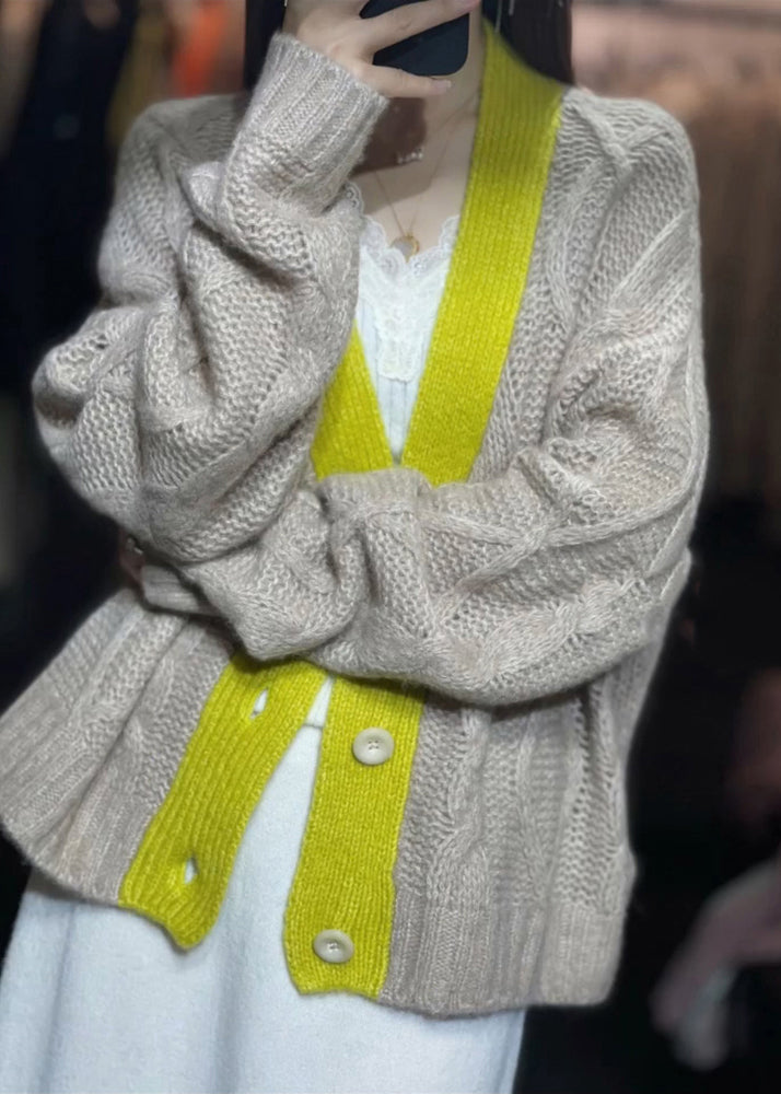 Khaki V Neck Button Patchwork Knit Cardigans Fall