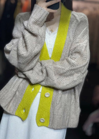 Khaki V Neck Button Patchwork Knit Cardigans Fall