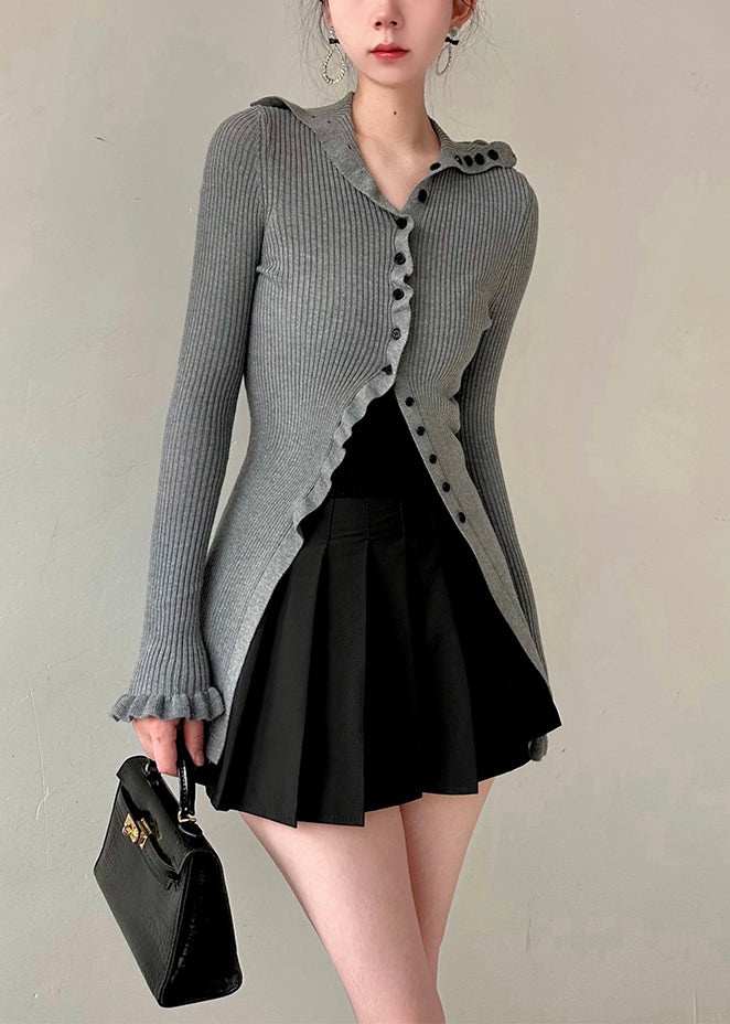 Grey Turtleneck Button Knit Sweater Butterfly Sleeve