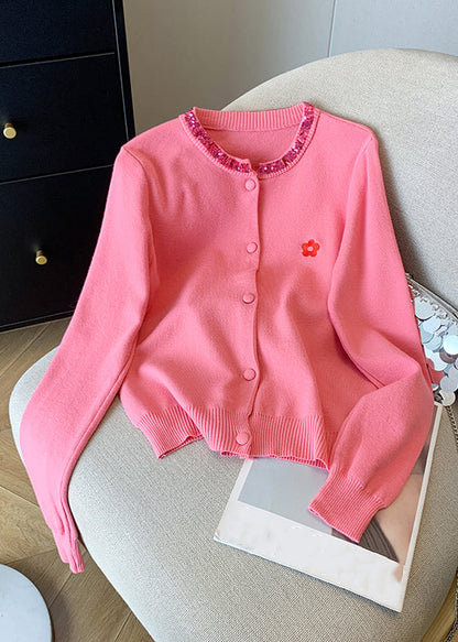 Pink Embroidered Sequins Cotton Knit Cardigans Fall