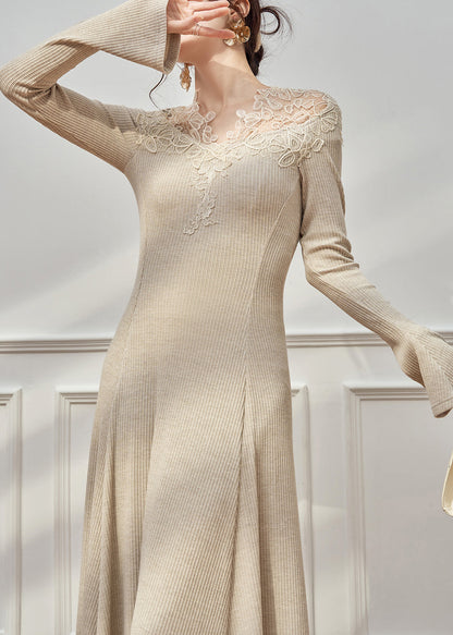 Slim Fit Oatmeal Lace Patchwork Knit Maxi Dresses Flare Sleeve