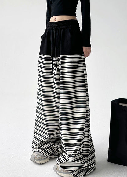 Black White Striped Pockets Tie Waist Wide Leg Pants Sprin