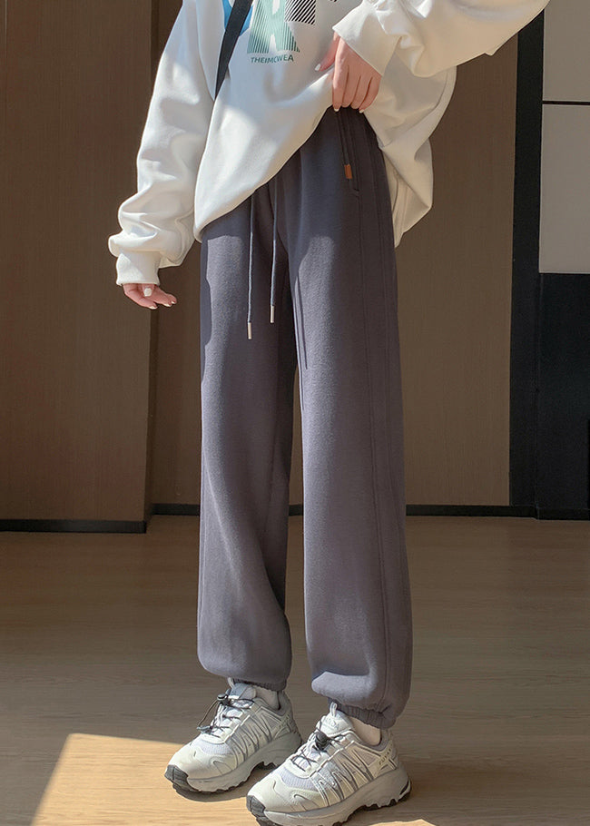 Light Grey Pockets Elastic Waist Warm Fleece Beam Pants Winter