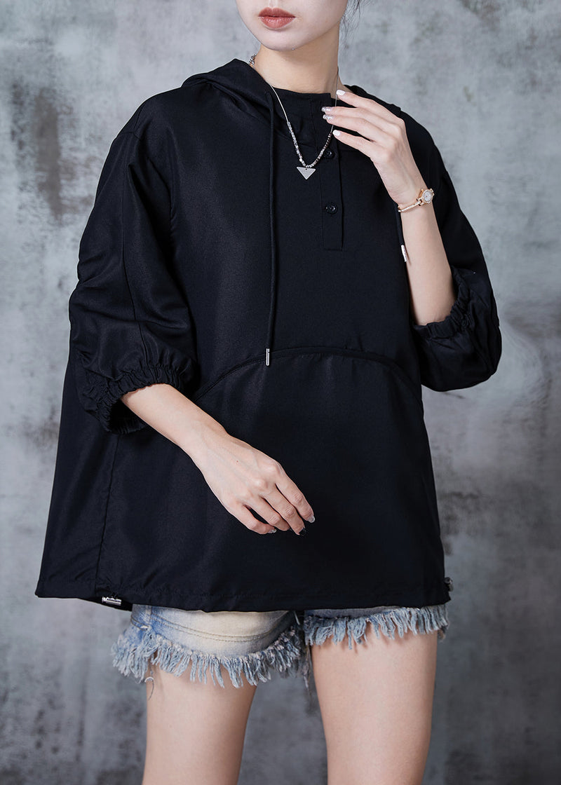 Black Hooded Wrinkled Cotton Pullover Tops Summer