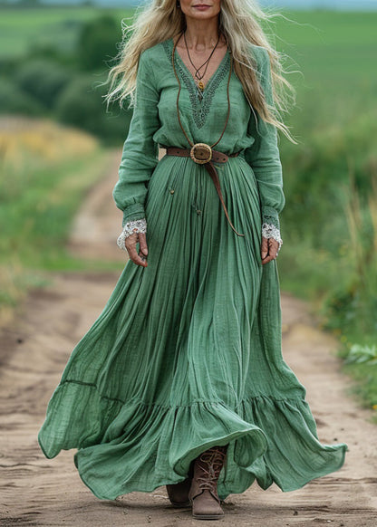 Green V Neck Wrinkled Patchwork Cotton Dresses Spring