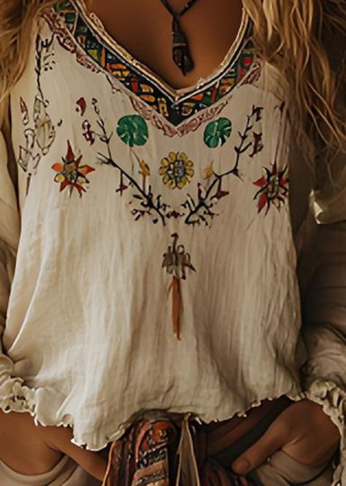 Beige V Neck Print Cotton Top Long Sleeve