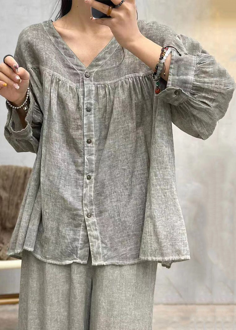Grey Button Cotton Blouses V Neck Long Sleeve