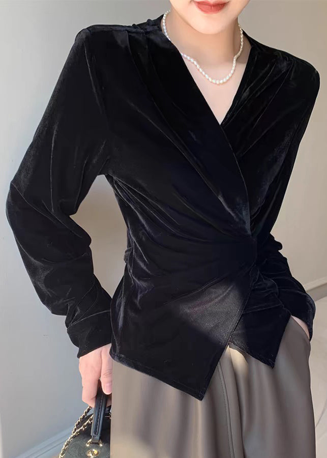 Black V Neck Tie Waist Silk Velvet Shirt Spring