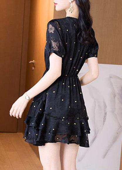 Black V Neck Cinched Patchwork Tulle Mid Dress Summer