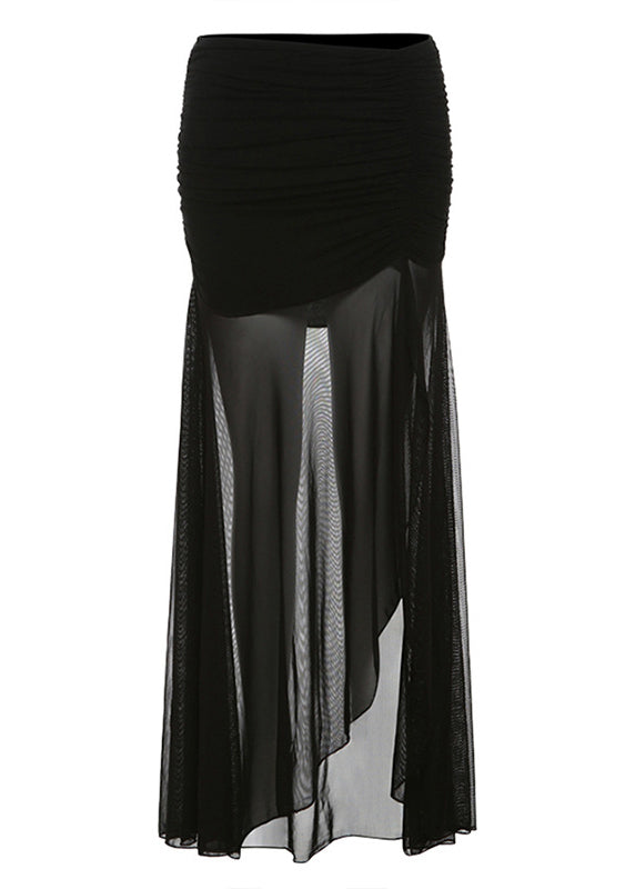 Black Cinched Side Open Tulle Skirts Summer